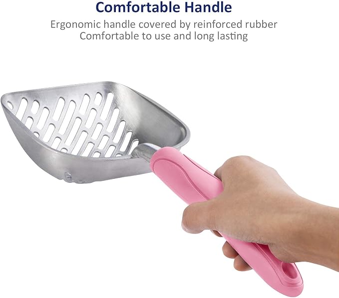 WePet Cat Litter Scoop, Aluminum Alloy Sifter, Kitty Metal Scooper, Deep Shovel with Diagonal Sifting Hole, Long Handle, Kitten Poop Lifter for Litter Box, Medium Size, Pink Handle