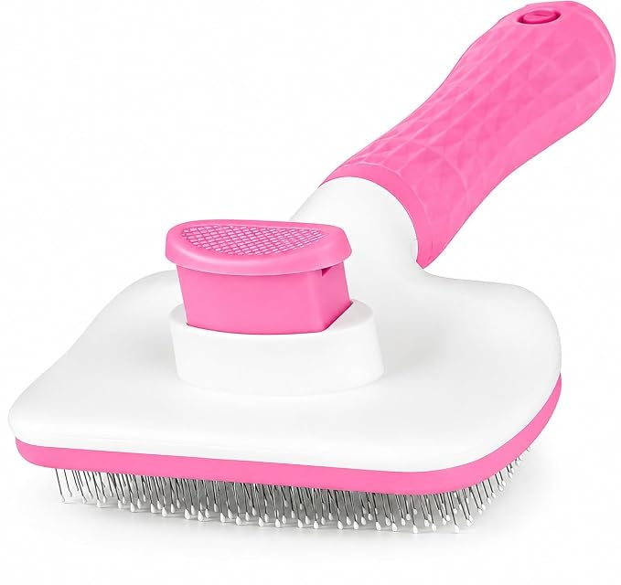 Generic Pink Cat grooming brush, Pet hair brush with Massage Particles, Self Cleaning Dematting Comb for Dogs and Cats, Easy to Use, Ergonomic Handle Design
