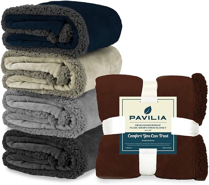 PAVILIA Waterproof Blanket Throw Navy Grey Queen,Waterproof Pet Blanket for Dog Couch Protection,Leak Proof Sherpa Fleece Blanket for Bed Sofa,Liquid Resistant Large Plush Throw,90x90 Inches