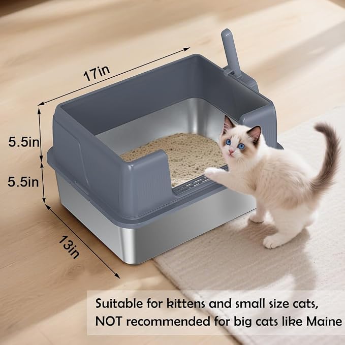 SZEE Small Stainless Steel Cat Litter Box, Kitten Litter Box Low Entry, Open Top Litter Pan Included Litter Scoop, Anti-Scratch Metal Cat Litter Tray Easy to Clean, Pet Toilet, 17x 13x 11 inches