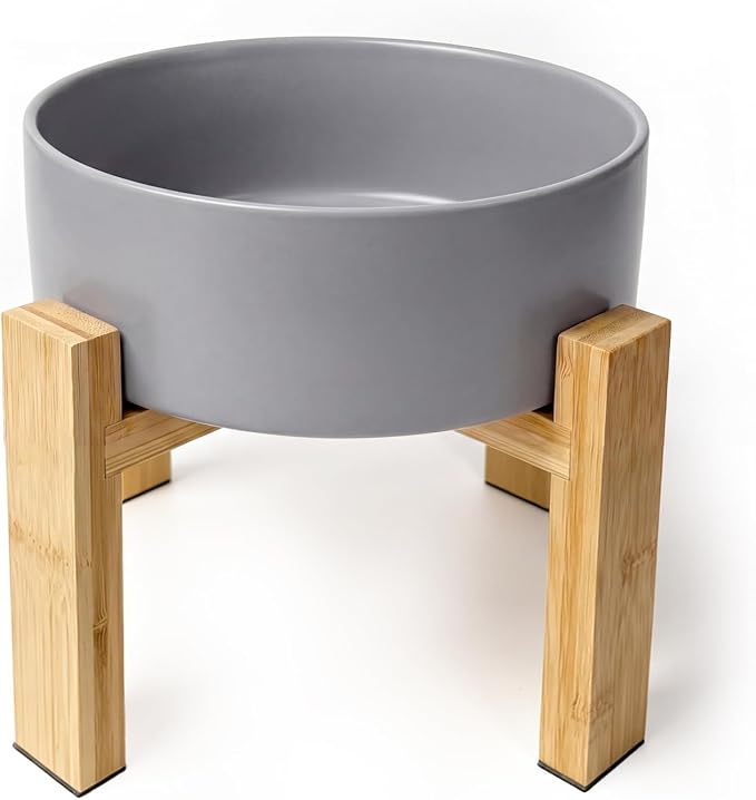Elevated Ceramic Large Dog Bowl - Raised Dog Dish with Bamboo Stand - Heavy Weighted, No Tip Over, Comfortable Eating - 8.4" Diameter - 4.5 Cups - 68 fl oz - Grey