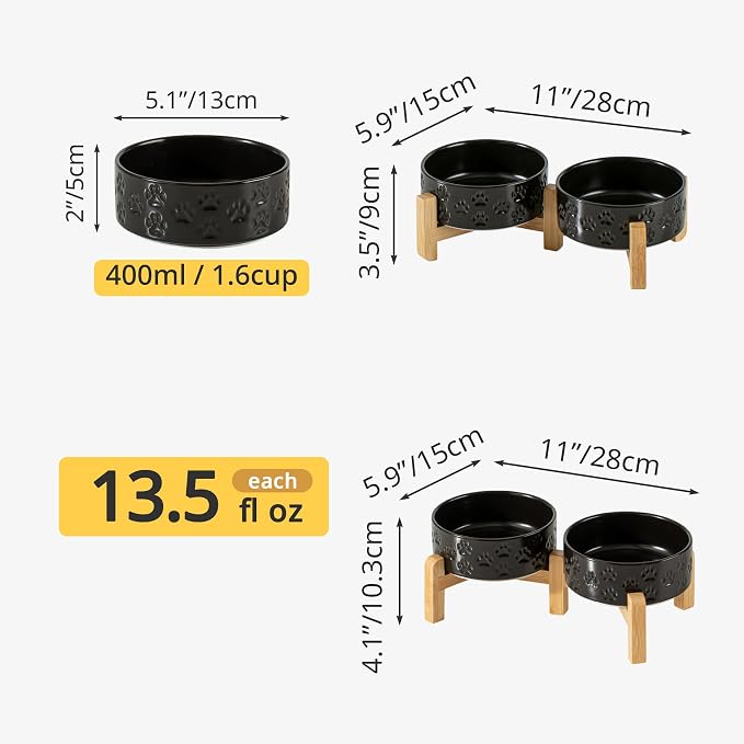 Elevated Ceramic Dog Bowl Set, Anti-Skid Bamboo Stand, Black, 5.1 inch | Food and Water Bowls with Fixed Non-Slip Rubber Ring, Microwave Safe, Easy to Clean, 1.6 Cup per Bowl, for Small-Breed Puppy