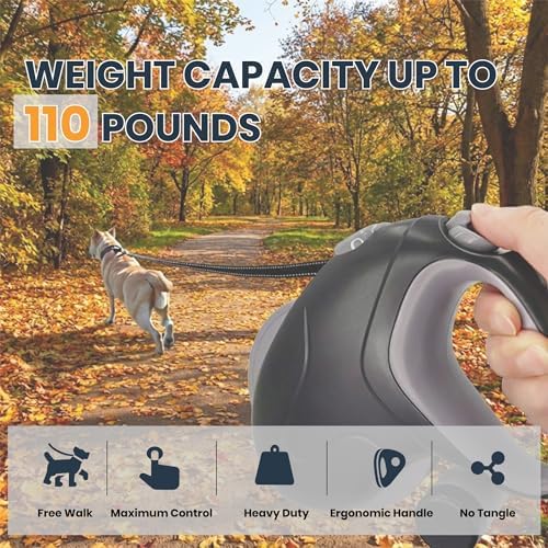 33ft Retractable Dog Leash, One-Button Control, Reflective Strips