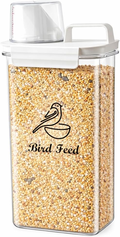 Bird Seed Storage Container Portable,2.5L/3 Qt Airtight Pet Food Container with Measuring Cup,Bird Food Container for Wild Bird Sunflower Seed-BPA Free Transparent
