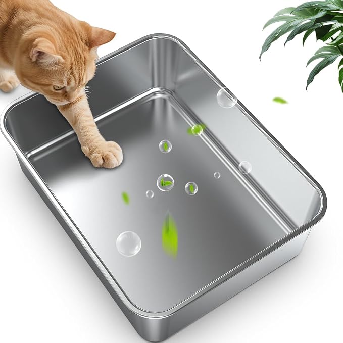 SZEE Small Stainless Steel Cat Litter Box, Kitten Litter Box Low Entry, Open Top Litter Pan Included Litter Scoop, Anti-Scratch Metal Cat Litter Tray Easy to Clean, Pet Toilet, 17x 13x 11 inches