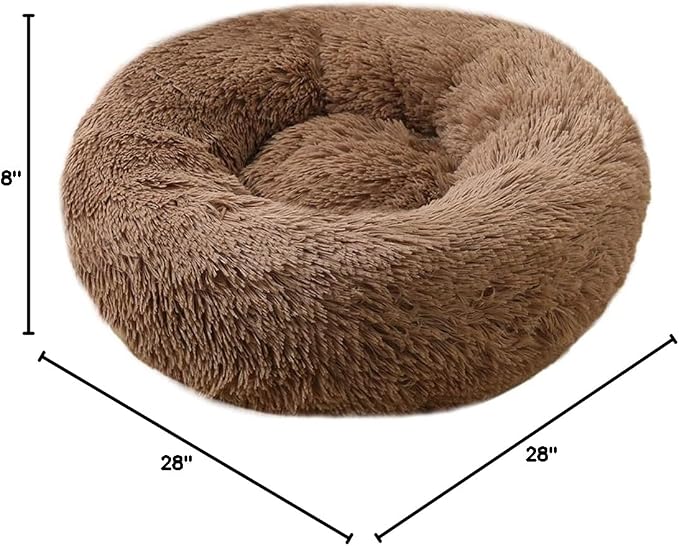 Faux Fur Dog Bed Cat Bed,Shag Round Anti-Anxiety Pet Calming Bed Doughnut Cuddler for Medium Large Puppy Dog Cat Kennel Cushion Self Warming Bed (28'' D x 8'' H, Coffee)