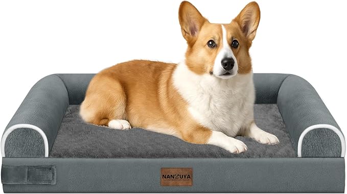NANUYA Orthopedic Dog Bed for Medium Dogs, 30 x 20 Inch, Dark Grey | Egg crate foam for joint support, 3-sided bolster pet sofa, waterproof lining, washable cover, and non-skid base