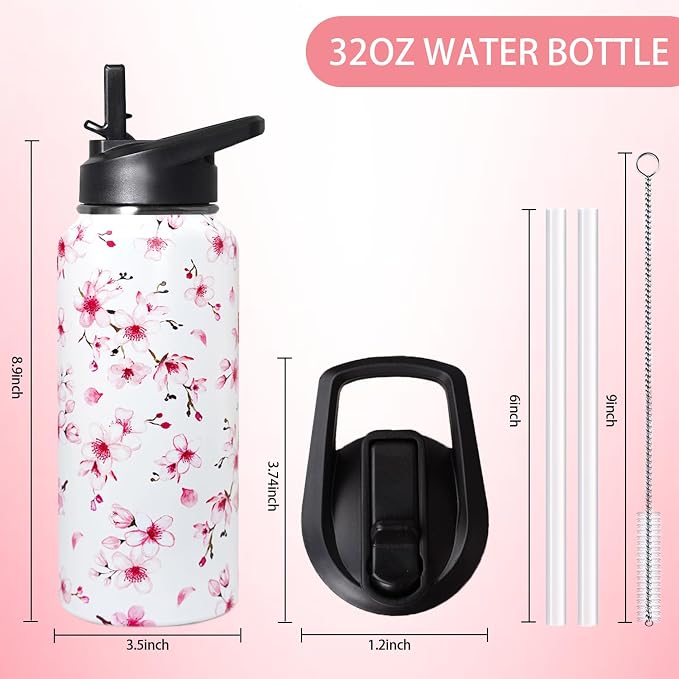 32oz Cherry Blossoms Flip Stainless Insulated Aater Water Bottle with Straw,Pink Cherry Blossoms Floral Gym Hiking Sports Coffee Mug Cup Water Bottles,Cherry Blossoms Decor Stuff Accessories