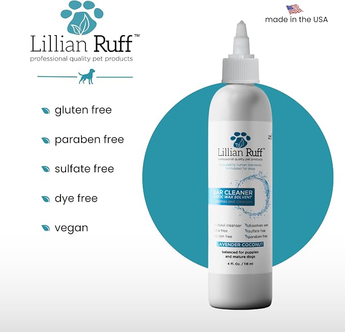 Ear Cleaner & Otic Wax Solvent for Dogs with Tea Tree Oil, Bee Propolis & Aloe - Coconut and Lavender Scent - Dissolve Wax and Combat Ear Odors - Safe for Sensitive Ears (4oz)