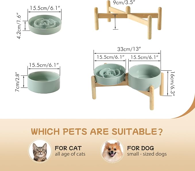 Havniva 6.1” Raised Slow Feeder Dog Bowls Set, 0.9 Cups Ceramic Slow Feeder Dog Bowl and 6.1” Dog Water Bowl with Elevated Wooden Stand Puzzle Dog Food Bowl for Small Dogs Anti-Gulping & Anti-Choking
