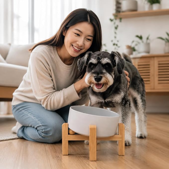 hjn Elevated Ceramic Dog Bowl 15°Slanted Raised Dog Bowl with Bamboo Stand for Small Medium Dogs and Cats, Pet Feeder-3.6-Cup (850ml)-Gray
