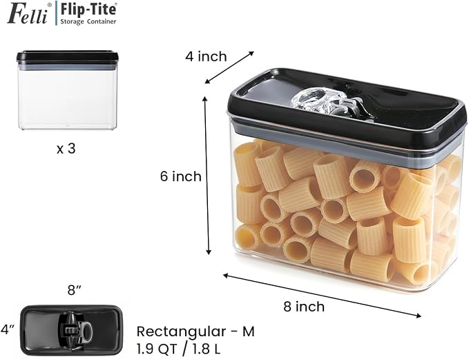 Felli Flip Tite Storage Container with Lid 4” RECTANGULAR Airtight Ring Flip Top, Stackable Kitchen Counter Pantry Organizer Acrylic Canister Jar for Pasta Spaghetti Cereal Granola Coffee (1.9qt)