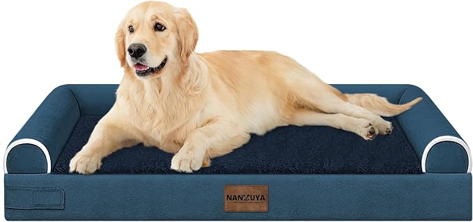 NANUYA Orthopedic Dog Bed for Large Dogs, 36 x 27 Inch, Navy Blue | Egg crate foam for joint support, 3-sided bolster pet sofa, waterproof lining, washable cover, and non-skid base