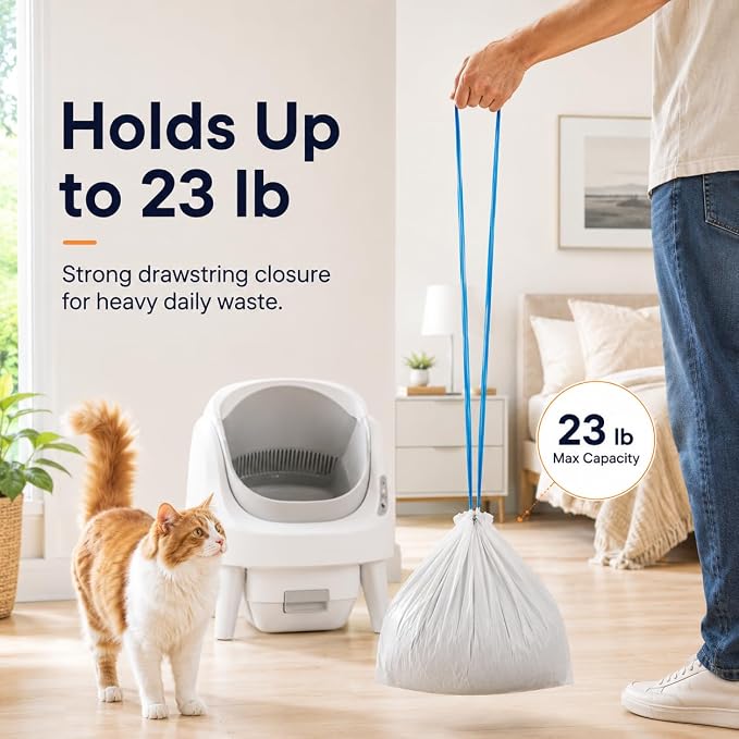 120 Count Automatic Cat Litter Box Liners with Drawstring, Heavy Duty Waste Drawer Bags Compatible with Neakasa M1, CATLINK Open-X & PetPivot AutoScooper 11/12, 27" x 13"