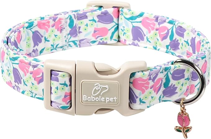 Floral Dog Collar for Small Dogs - Pink Purple Tulips Print Dog Collars, Spring Summer Cute Flower Puppy Collar, Lightweight Adjustable April Holiday Boy Girl Dogs Collars S