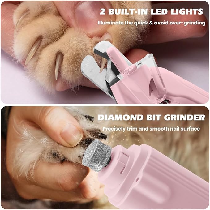 2-in-1 Dog Nail Grinder & Dog Nail Clippers Trimmers, Dogs Trimmer with LED Light + Splash Guard + Storage Case, Pet Claw Clippers for Dogs Cats, USB Rechargeable (Pink)