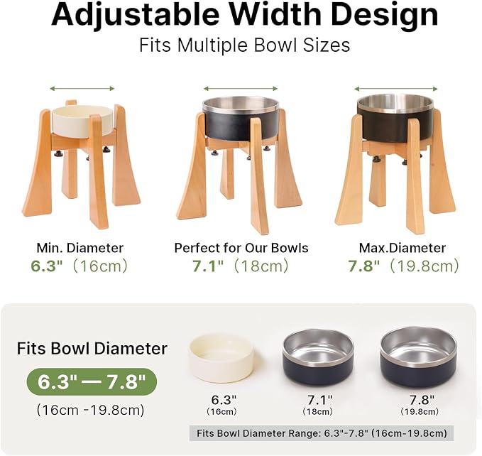 Wooden Elevated Dog Stand Set with Bowl, 10" Height Raised Adjustable Width | Fits 6.3-7.8 Inch Dog Bowls, Stainless Steel Bowl for Food Water, Neck Protection Design for Medium Breed, Senior Dogs