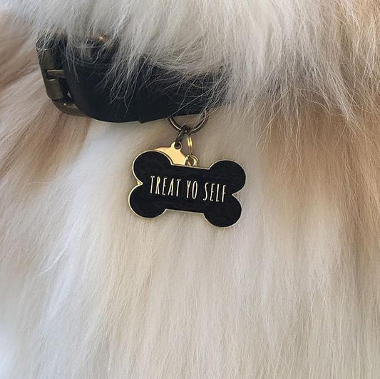 Two Tails Treat Yo Self Pet ID Tag, Dog Essentials, Personalized Dog Name Tag for Puppies & Dogs, Custom Engraved Charm for Collars & Harnesses, Pet Accessories, Cute Durable with Gold Plating, Black