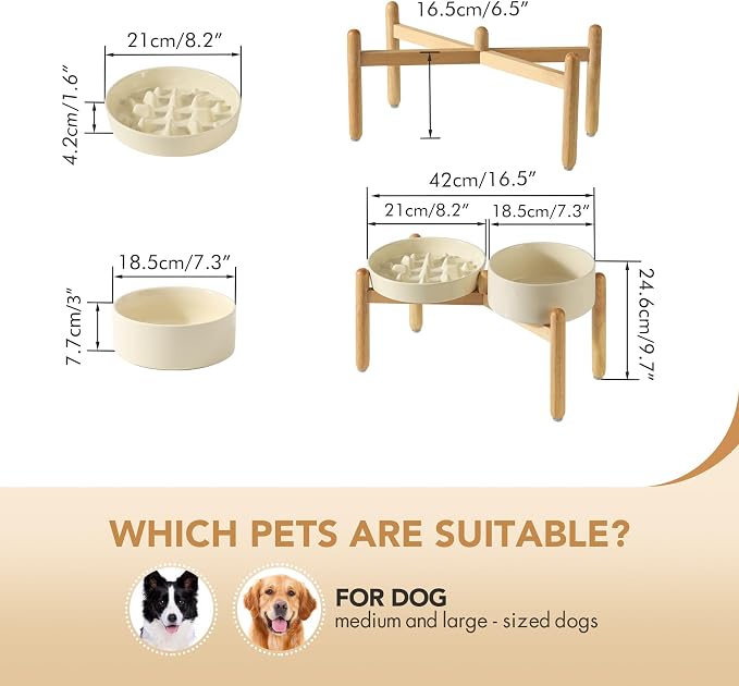 Havniva 8.2” Raised Slow Feeder Dog Bowls Set, 1.6 Cups Ceramic Slow Feeder Dog Bowl and 7.3” Dog Water Bowl with Elevated Wooden Stand Puzzle Dog Food Bowl for Medium Dogs Anti-Gulping & Anti-Choking