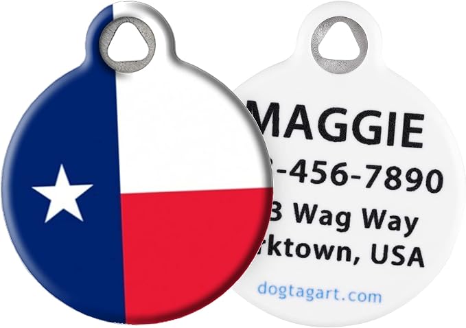 Texas Lone Star Personalized State Flag Pet ID Tag for Dogs and Cats, Silent Dog Tag with Customized Identification Information - Large 1.25" Diameter