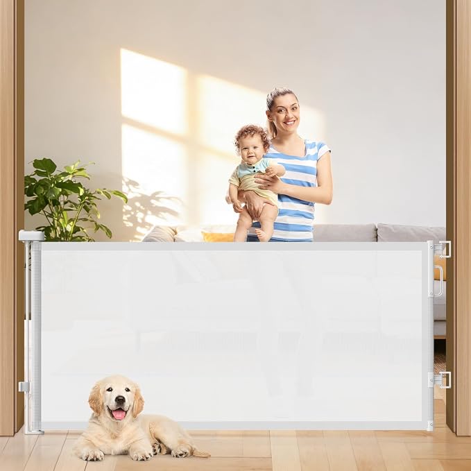 78" Retractable Extra Wide Baby Gates for Doorways, Long Mesh Dog Gate for Large Openings, Indoor Outdoor Pet Gate for Deck Porch Kitchens Hallways, 34" Height, White