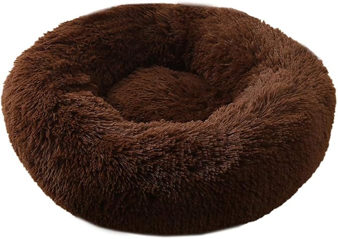 Faux Fur Dog Bed, Shag Round Anti-Anxiety Pet Calming Doughnut Cuddler for Medium Large Puppy Dog Cat Kennel Cushion Self Warming Bed (28'' D x 8'' H, Chocolate)