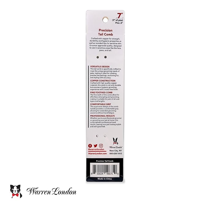 Warren London Precision Tail Comb made with Copper | 7 inches | Rounded Tips Prevent Irritation | Finishing and Fluffing Comb for Grooming Paws Face and Tail | Tear Stain Removal