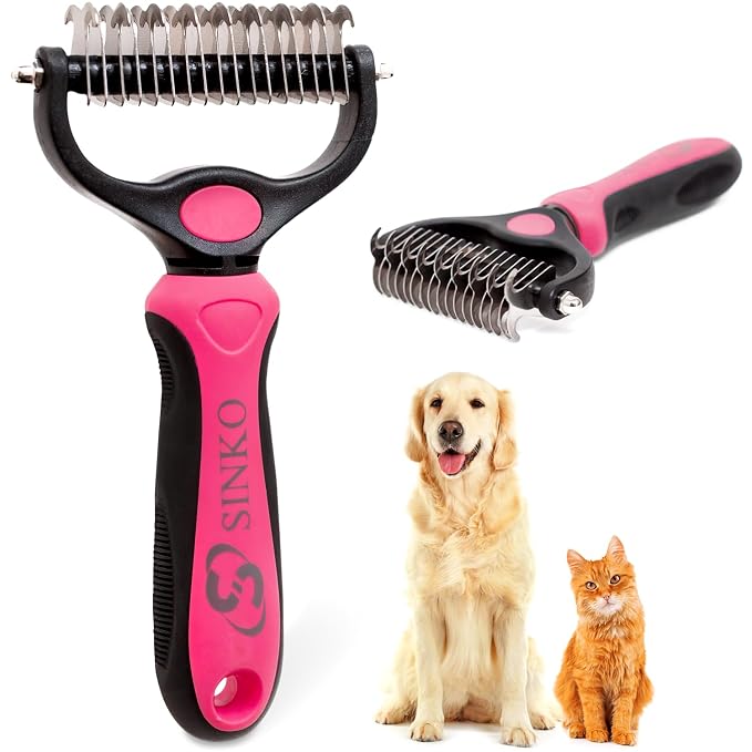Sinko Shedding Brush For Dog and Cat, Undercoat Rake with Extra Wide Double-Sided Stainless Teeth for Detangling, Deshedding, Brushing & Removing Shed Fur, Knots, Mats, and Tangles in Pets (Pink)