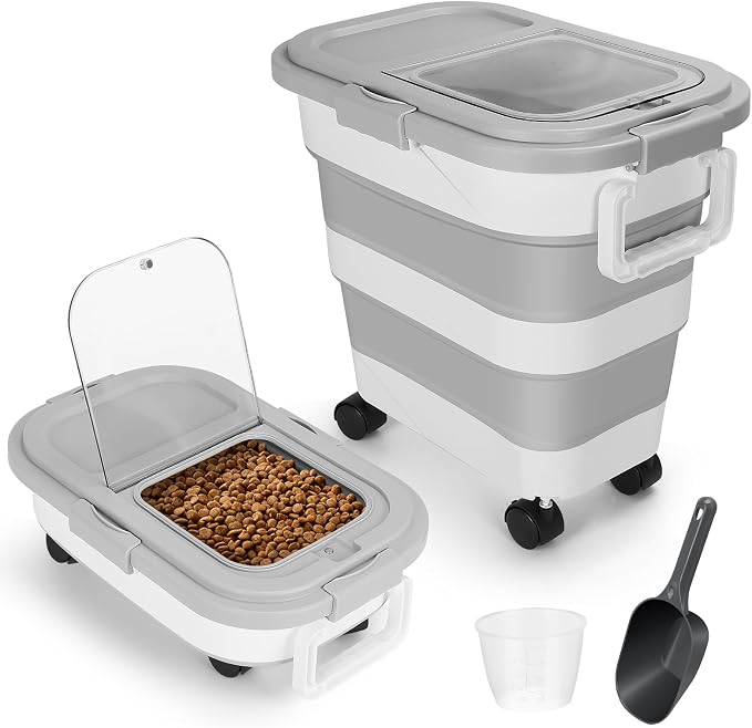 30LB Dog Food Storage Container with Wheels, Lid, Handle, Cup and Scoop | Collapsible Pet food Storage Containers, Airtight Food Storage Bin for Cat Dog Kibbles, Bird Seed, Rice, Flour, Cereal -Grey