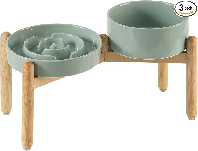 Havniva 7.3” Raised Slow Feeder Dog Bowls Set, 1.2 Cups Ceramic Slow Feeder Dog Bowl and 6.1” Dog Water Bowl with Elevated Wooden Stand Puzzle Dog Food Bowl for Small Dogs Anti-Gulping & Anti-Choking