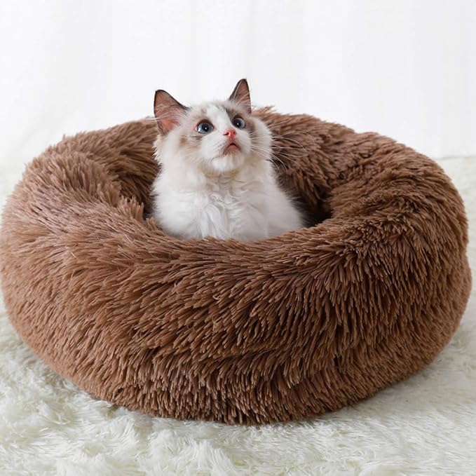 Faux Fur Dog Bed Cat Bed,Shag Round Anti-Anxiety Pet Calming Bed Doughnut Cuddler for Medium Large Puppy Dog Cat Kennel Cushion Self Warming Bed (28'' D x 8'' H, Coffee)