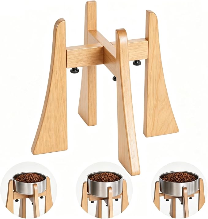 Solid Wood Elevated Dog Bowl Stand with Adjustable Width, 12-Inch Raised | Fits 6.3-7.8 Inch Dog Food & Water Bowls, Non-Slip Base, Ergonomic Design for Corgis, Beagles, Medium Breeds, Stand Only