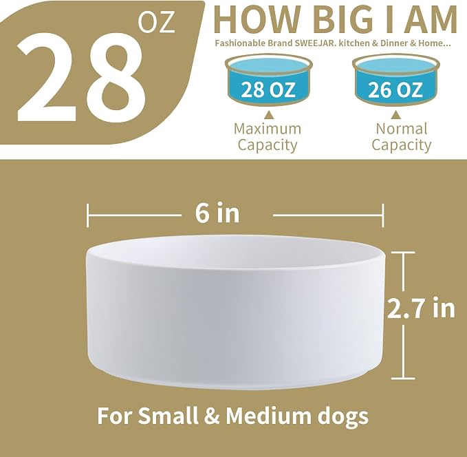 White Raised/Elevated Ceramic Dog Bowl for Small Medium Sized Breeds,Dog Food Water Bowl with Stand,6 in Non Slip Heavy Pet Feeding Dish 3.6 Cups/ 850 ml /28 OZ