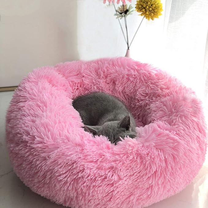 Modern Soft Plush Round Pet Bed for Cats or Small Dogs, Mini Medium Sized Dog Cat Bed Self Warming Autumn Winter Indoor Snooze Sleeping Cozy Kitty Teddy Kennel (24'' D x 8'' H, Hot Pink)