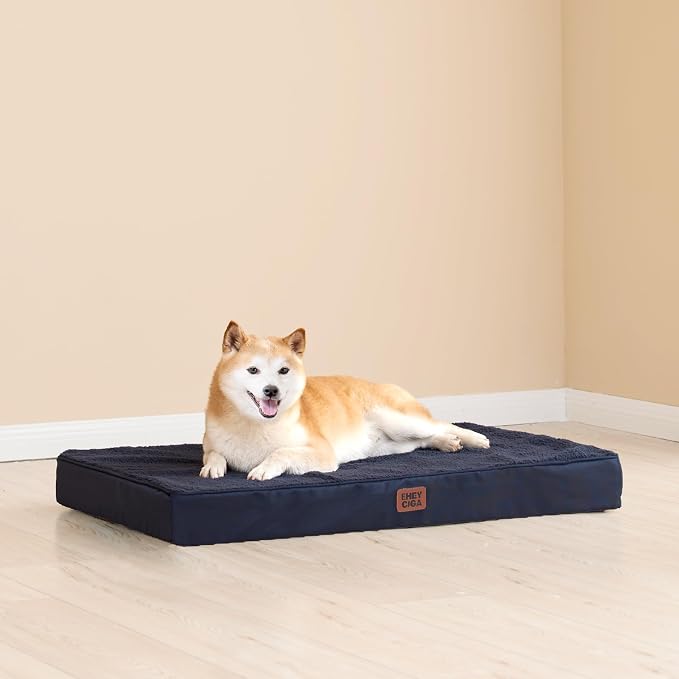 EHEYCIGA Orthopedic Dog Bed Large with Removable Washable Cover, 47IN Navy | Egg Crate Foam Support,Durable Oxford fabric,Non-Slip Bottom,Machine Washable,Soft Waterproof Plush Pet Bed Mat For Crate