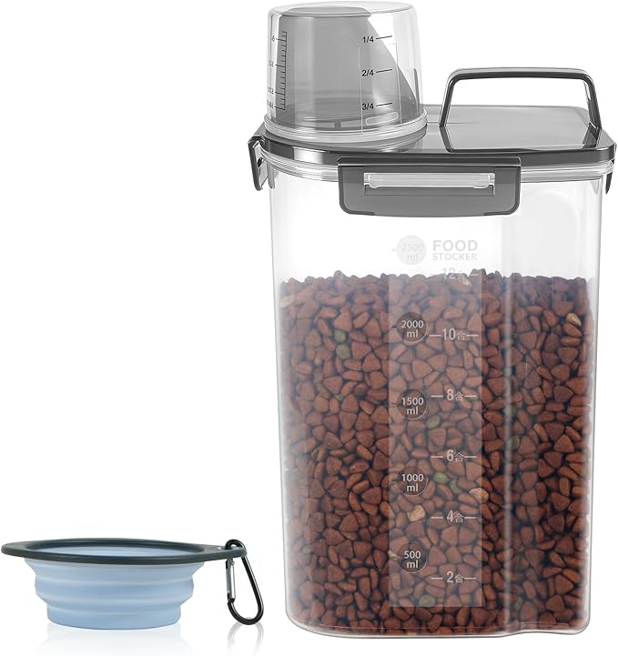 LEAWALK 3-5Lbs/3Qt Dog Cat Food Storage Container With Foldable Bowl. Plastic Pet Food Dispenser for Small Animal Kibble/Pet Food/Bird Seed/Oatmeal/Rice/Flour/Brown Sugart/Cereals (Clear Black)
