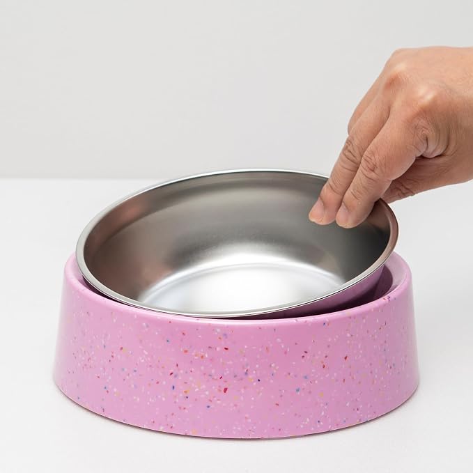 bzyoo 32oz 4CUP Dog & Cat Bowl, Sprinkle Design, Slanted Stainless Steel Pet Bowl with Removable Inner Bowl, Non-Slip Silicone Base, Dishwasher Safe, for Dry/Wet/Raw Food & Water (Pink)