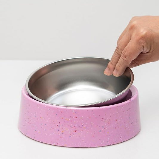 bzyoo 32oz 4CUP Dog & Cat Bowl, Sprinkle Design, Slanted Stainless Steel Pet Bowl with Removable Inner Bowl, Non-Slip Silicone Base, Dishwasher Safe, for Dry/Wet/Raw Food & Water (Pink)