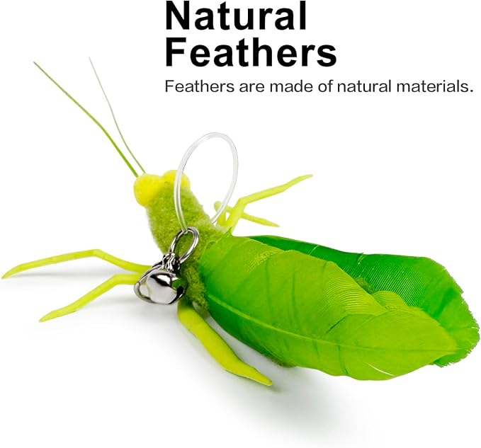 TTcat 3 Pack Grasshopper Cat Wand Refills, Realistic Green Insect Natural Feather Detachable Replacement Toy with Bell, Universal Lobster Clip-on Cat Teaser Attachments.