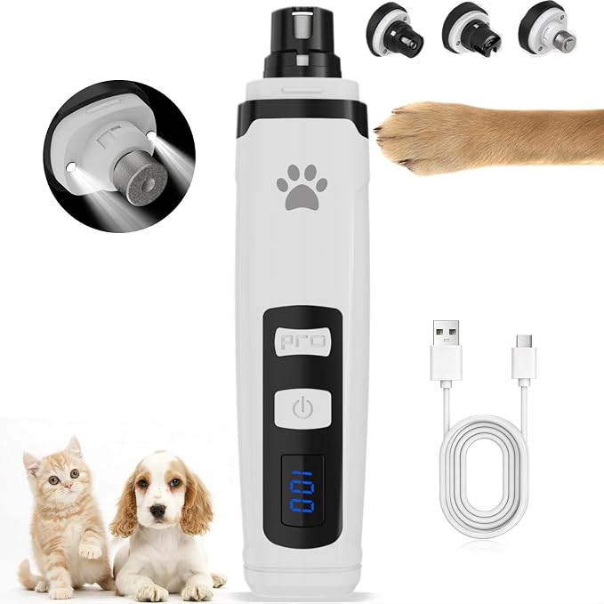 Dog Nail Grinder with 2 LED Lights | Type C 2 Speed Rechargeable Pet Nail Trimmer, Quiet for Paw Grooming, Powerful Painless Claw Clipper Kit