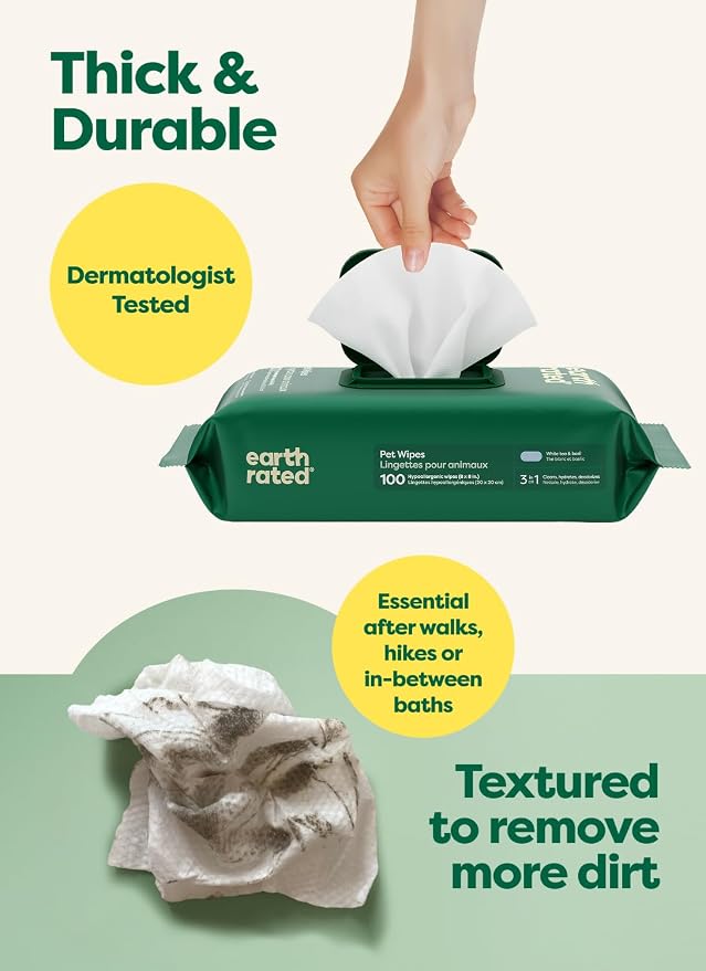 Earth Rated Dog Wipes for Paws & Butt, Deodorizing, White Tea & Basil, 200ct