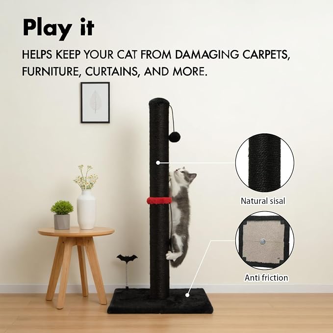 MECOOL Cat Scratching Post Premium Sisal Scratch Posts with Hanging Ball Vertical Scratcher for Indoor Cats and Kittens,Black