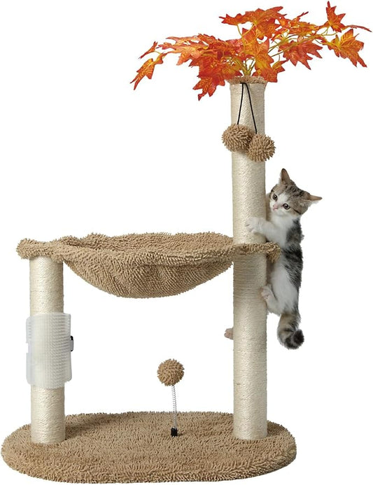 MECOOL Cat Tree Tower 32" Tall Scratching Post with Large Hammcok for Indoor Cats,Self-Massage Bursh Hanging Ball Toys,Maple,Beige