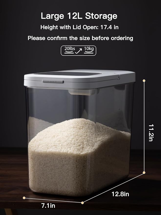 LivLab Mker 20-25 lbs Rice Dispenser with measuring spoon - Rice Container | 11.4Qt/12L Large Airtight Food Storage Rice Container for Cereal, Flour - BPA-Free PET, Slim Space-Saving