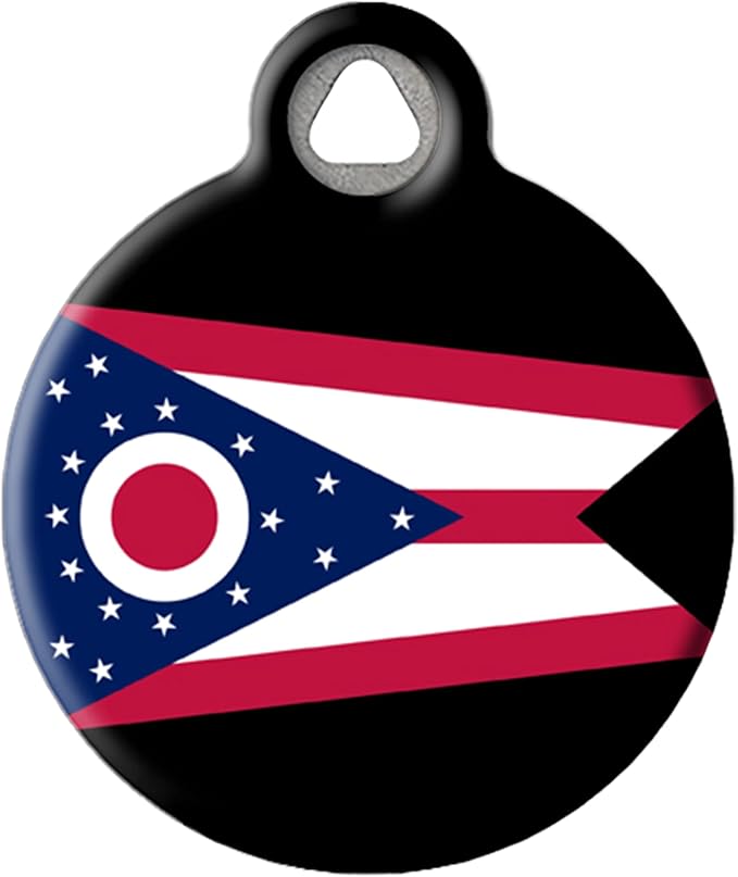 Ohio State Flag Personalized Pet ID Tag for Dogs and Cats, Silent Polymer Coated Stainless Steel Ohioan Flag Nametag with Customized Identification Information - Small .875" Diameter