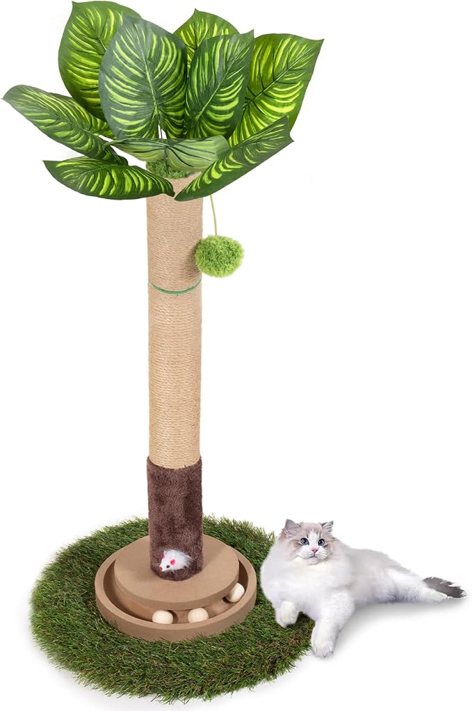 Cat Scratching Post, 35 Inch Tall Cat Scratcher Cat Tree Tower with Hanging Ball for Indoor Cats Adults,Sisal Rope Kitten Scratch with Interactive Mouse Cat Toy (41in, Watermelon Leaves)