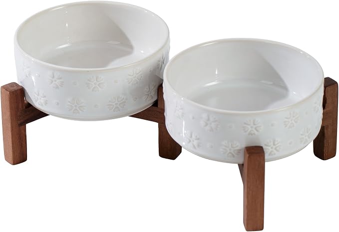 Havniva 5.1" Elevated Dog Bowls Ceramic Raised Dog Bowl with Non-Slip Stand (Acacia Wood) Two Height Options, Dog Food & Water Bowl for Small Breed Dogs Puppy - 1.6 Cups 13.5 oz