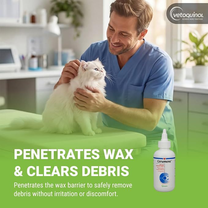 Vetoquinol Cerumene Deep Ear Cleansing Liquid - Ear Cleaner with Gentle Formula for Cats & Dogs - Supports Wax Softening & Canal Comfort - Quick-Drying Liquid Form - 4oz