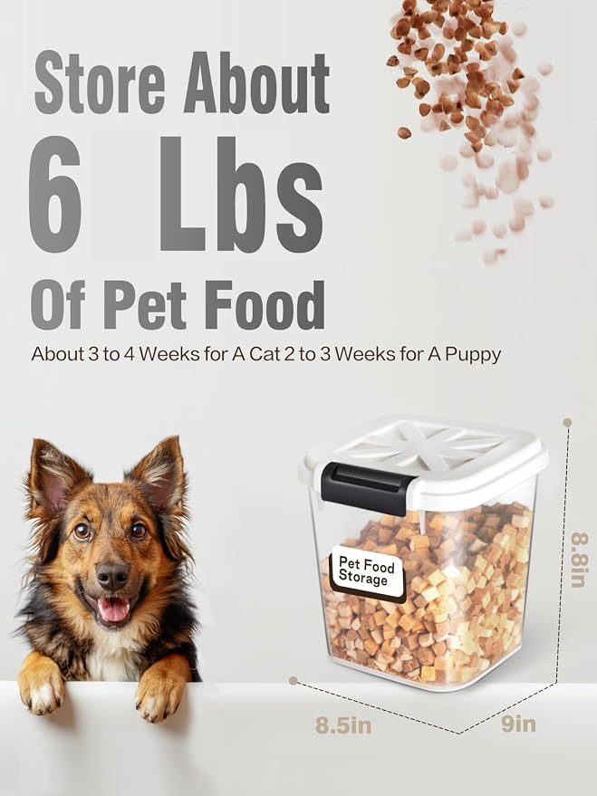 LivLab Mker 6 lb Airtight Dog Food Storage Container with Scoop, White | Airtight snap-lock lid, clear BPA-free body, and measuring cup keep dry dog or cat food, treats, cereal, and grain organized.