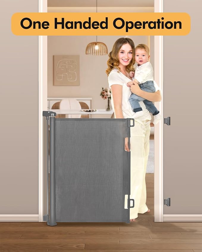 Retractable Baby Gate for Stairs & Doorways,71" Wide x 33.6" Tall Easy Installation Mesh Dog Gate for Indoor & Outdoor Use,Pet and Dog Safety Gate for Hallways(Grey)